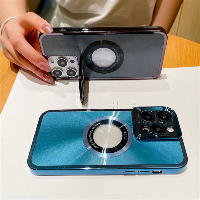Electroplated Phone Case Luxury Plating CD Pattern Magsafe Bracket Case For 12 13 14 Pro Max Invisible Camera Stand Holder Lens Holder Magnetic Suction - Image 7
