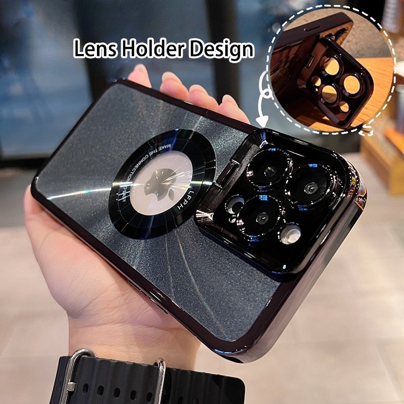 Electroplated Phone Case Luxury Plating CD Pattern Magsafe Bracket Case For 12 13 14 Pro Max Invisible Camera Stand Holder Lens Holder Magnetic Suction - Image 4