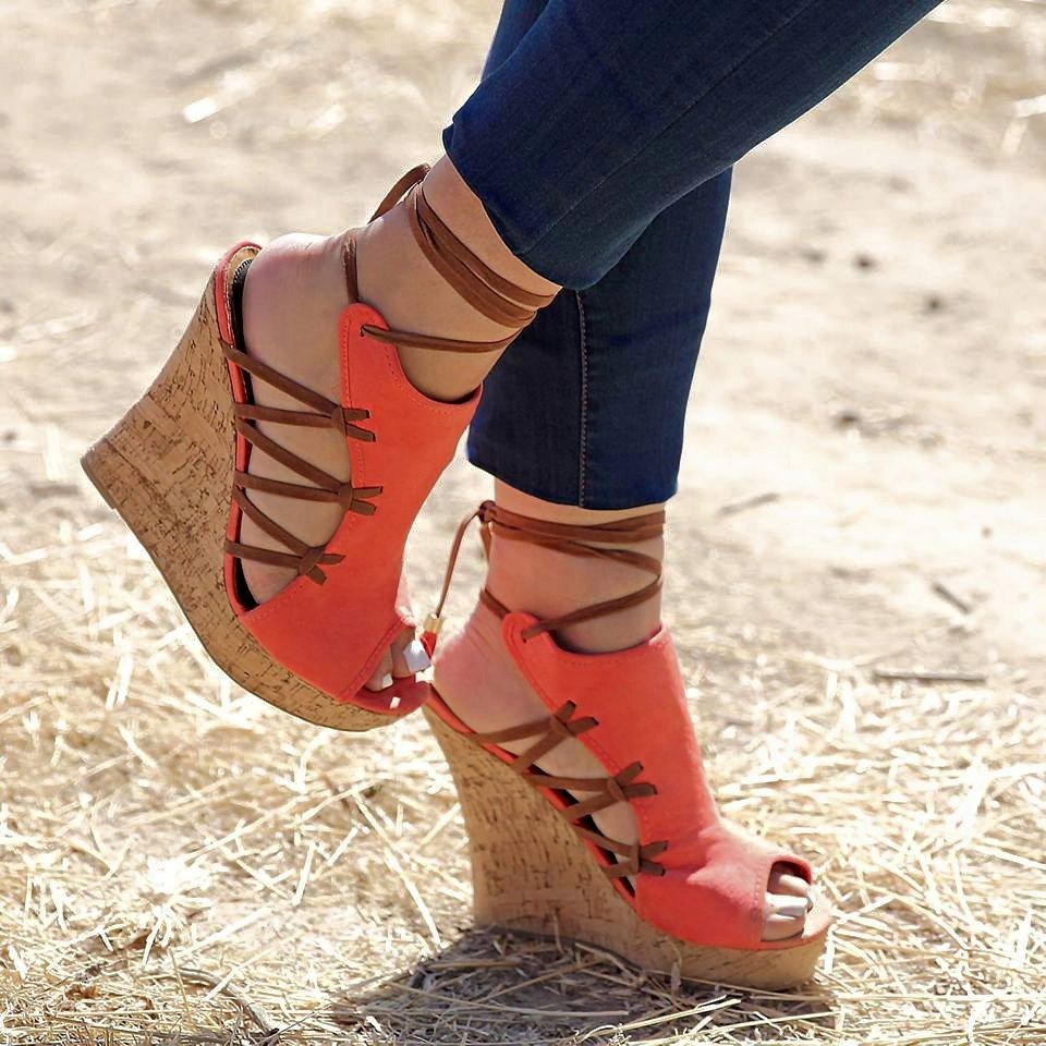 Women's Lace-up Fringed Sweet Fish Mouth Wedge Sandals - Image 7