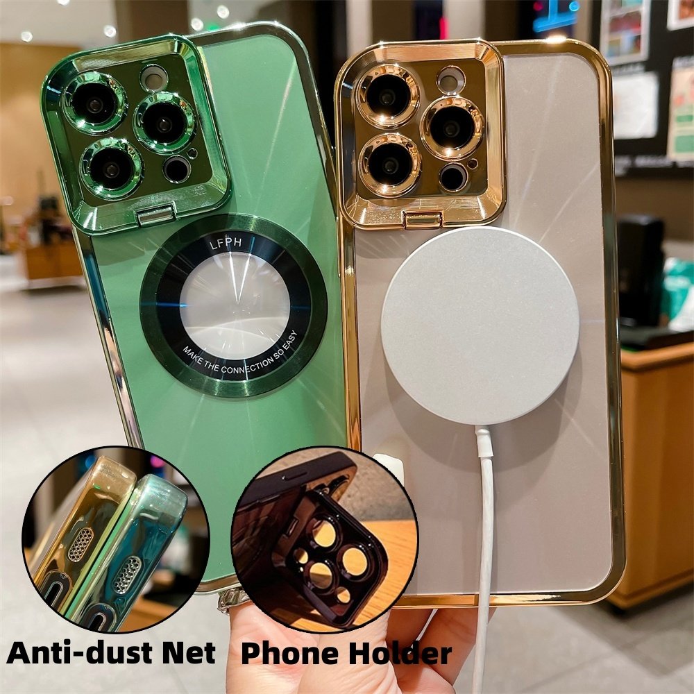 Electroplated Phone Case Luxury Plating CD Pattern Magsafe Bracket Case For 12 13 14 Pro Max Invisible Camera Stand Holder Lens Holder Magnetic Suction - Image 2