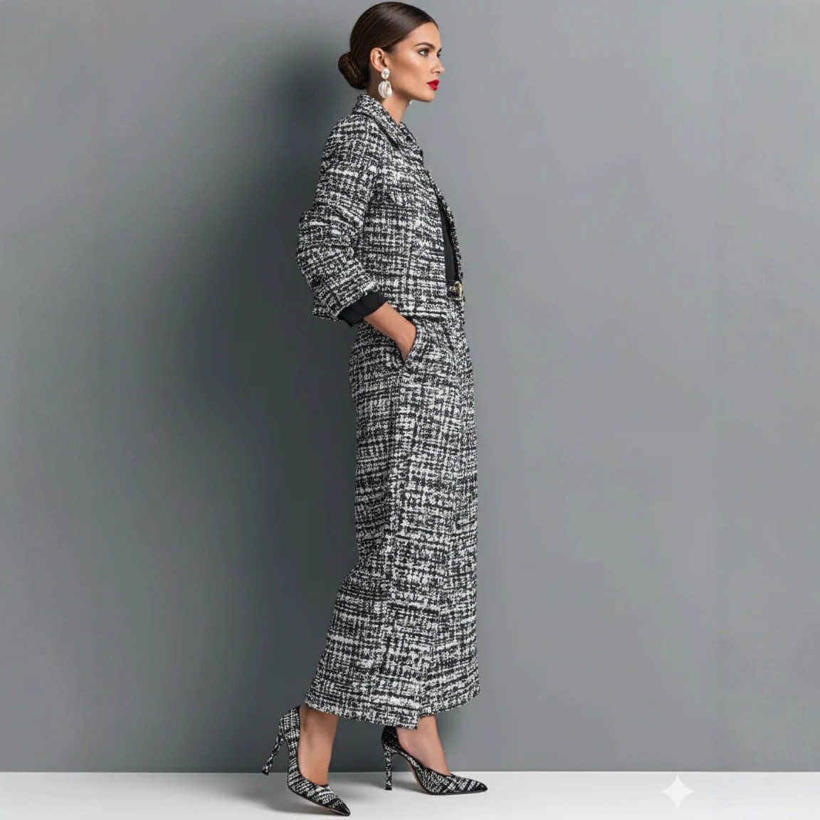 Notched Lapel Slim-fit Women's Long-sleeve Short Top With Wide-leg Pants Set - Image 2