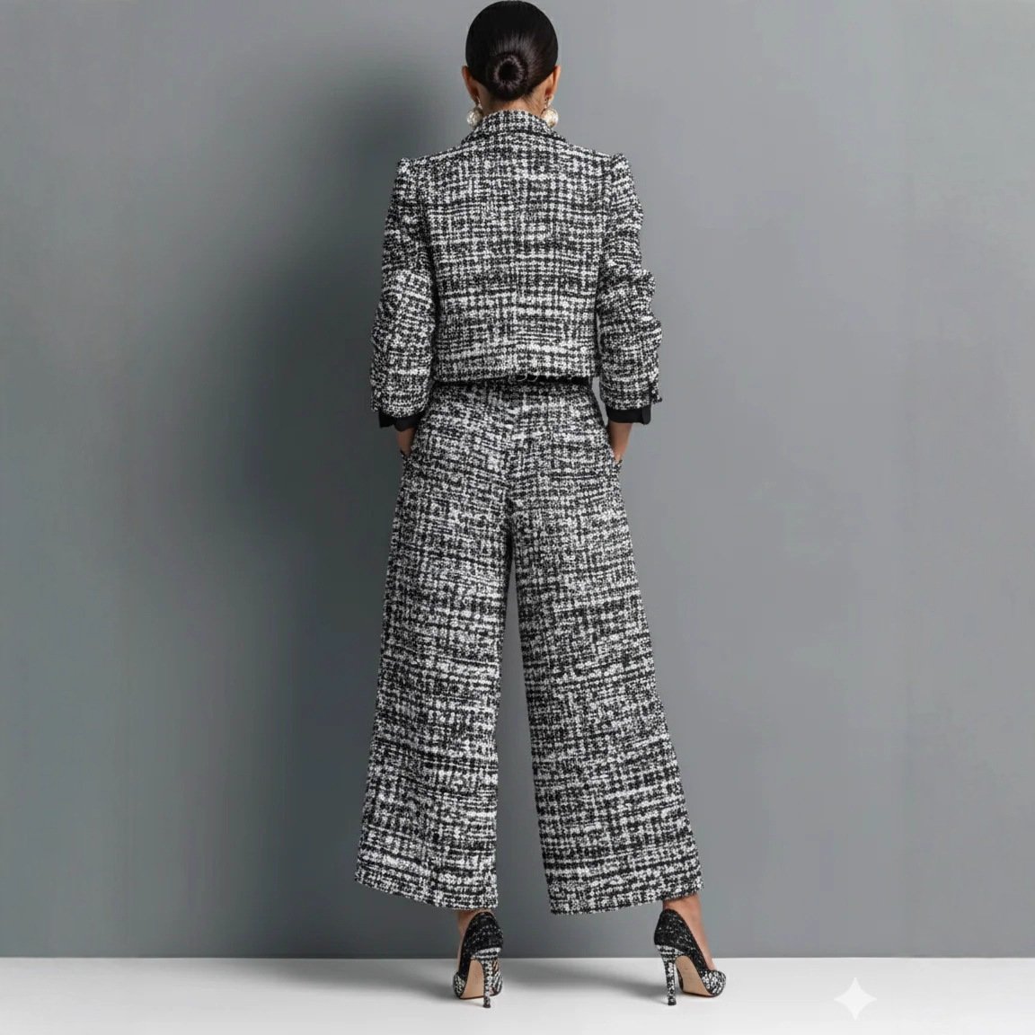 Notched Lapel Slim-fit Women's Long-sleeve Short Top With Wide-leg Pants Set - Image 3