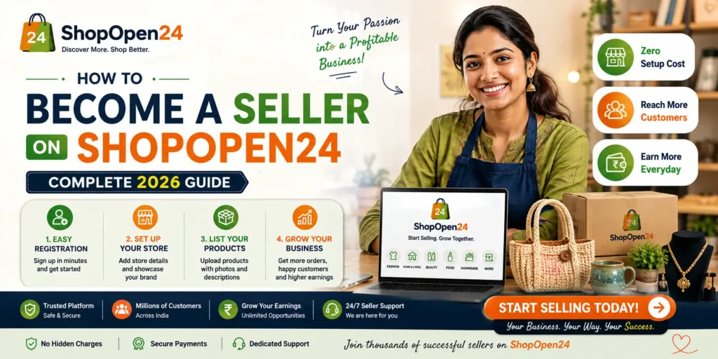 How to become a seller on ShopOpen24: complete step-by-step guide. 1 Register and account setup: create a seller account, verify email and phone. 2 Provide business information: enter business name, address, contact details, and upload legal documents. 3 Set up payment and shipping: add bank details, select shipping methods, and define rates. 4 Add products and listings: create listings, upload images, write descriptions, set prices and inventory. 5 Customize your store: choose a theme, upload logo and banner, and add policies. 6 Review and launch: check information, submit for review, and wait for approval. ShopOpen24 Seller Portal.