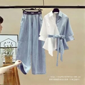 Polyester Women's Plus Size Summer Suit Stitching Two-Piece Shirt Slim All-Match Two-Piece Suit