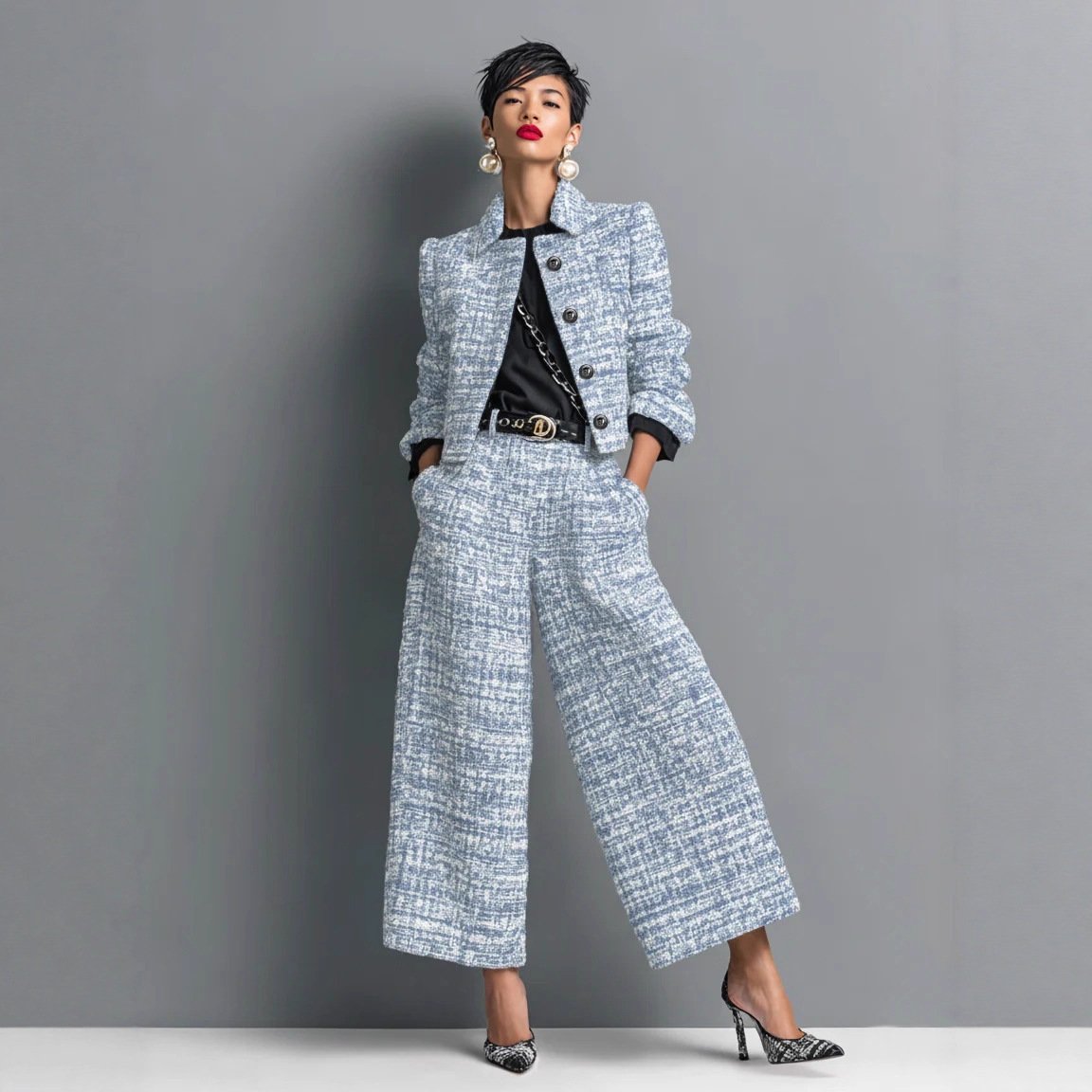 Notched Lapel Slim-fit Women's Long-sleeve Short Top With Wide-leg Pants Set - Image 4