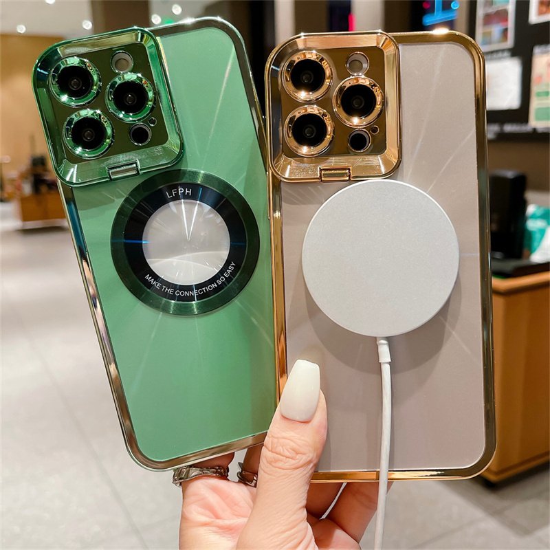 Electroplated Phone Case Luxury Plating CD Pattern Magsafe Bracket Case For 12 13 14 Pro Max Invisible Camera Stand Holder Lens Holder Magnetic Suction - Image 10