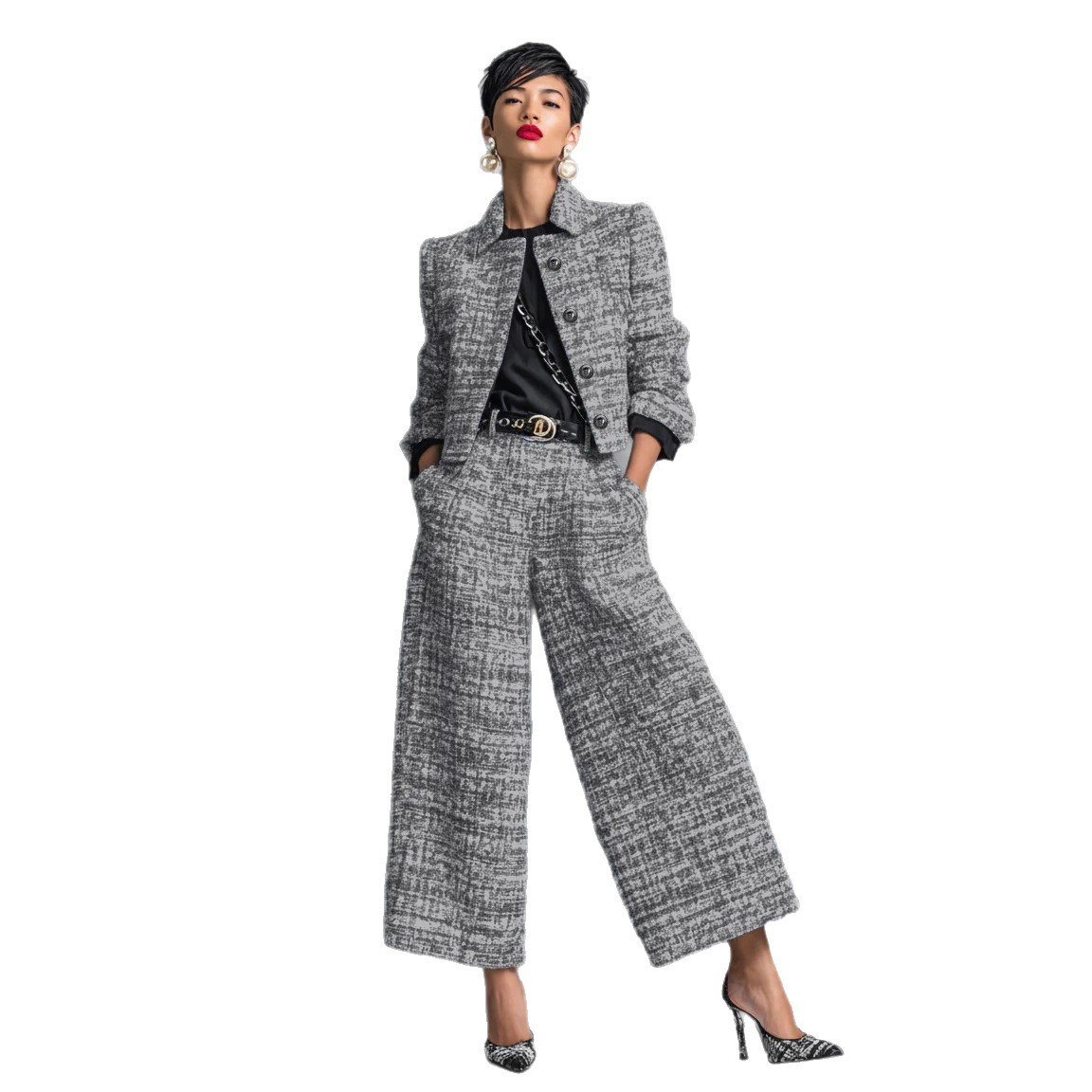 Notched Lapel Slim-fit Women's Long-sleeve Short Top With Wide-leg Pants Set - Image 5