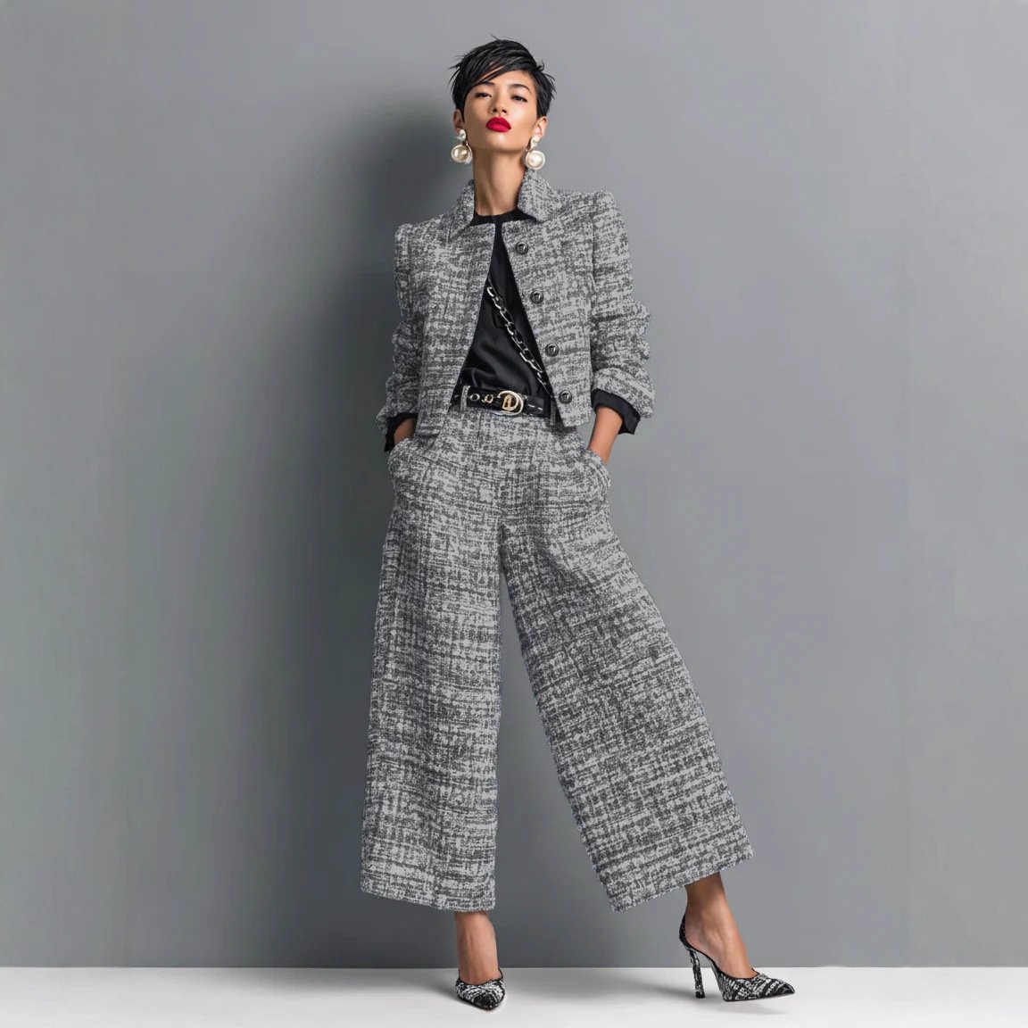 Notched Lapel Slim-fit Women's Long-sleeve Short Top With Wide-leg Pants Set - Image 6