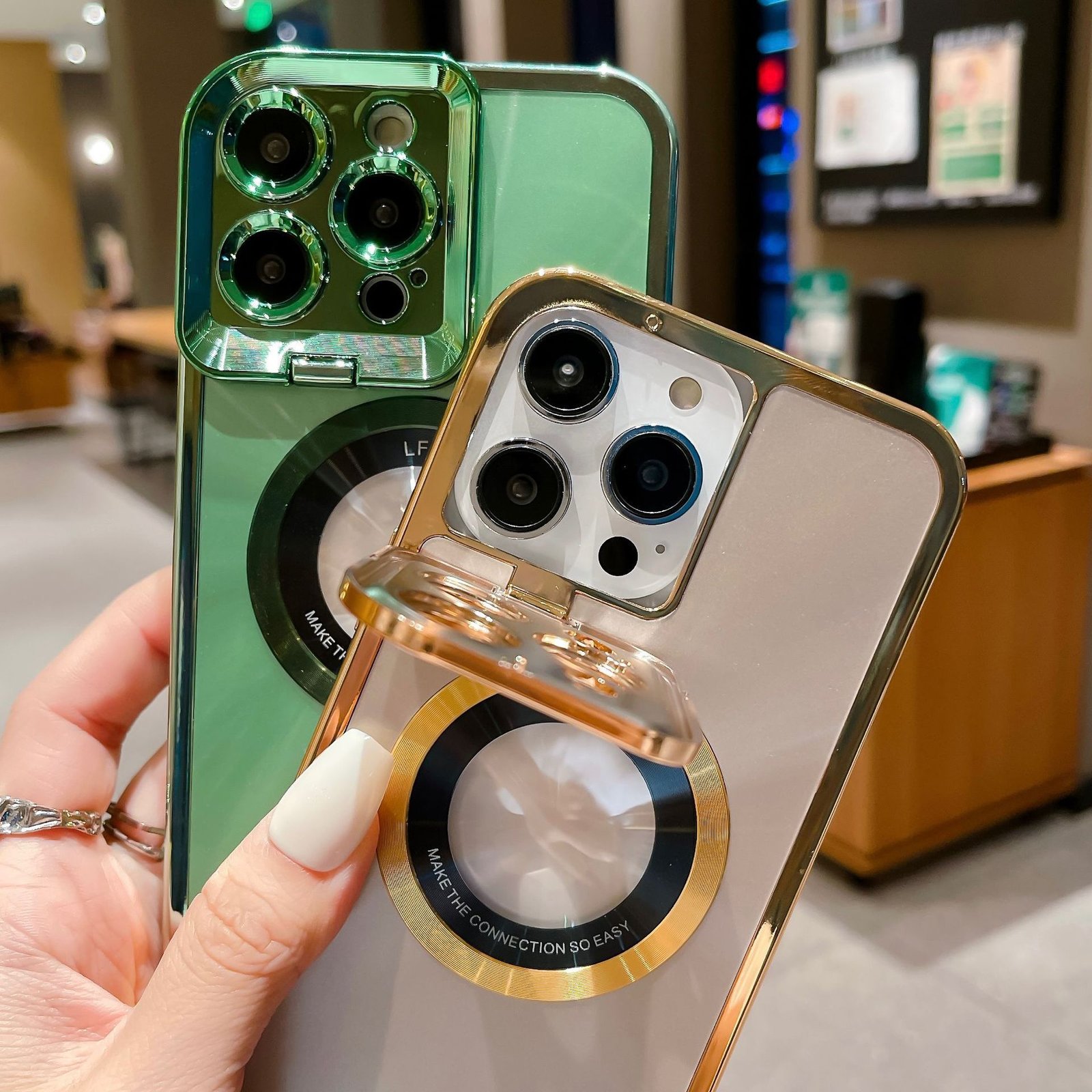 Electroplated Phone Case Luxury Plating CD Pattern Magsafe Bracket Case For 12 13 14 Pro Max Invisible Camera Stand Holder Lens Holder Magnetic Suction - Image 5