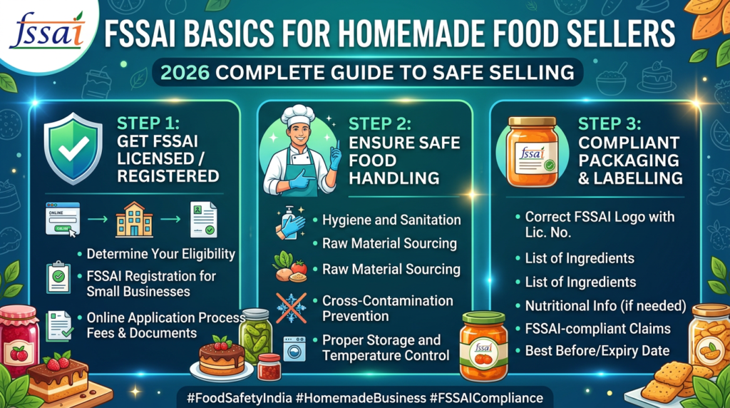Infographic: FSSAI Basics for Homemade Food Sellers, covering licensing, safe food handling, and compliant packaging and labelling.