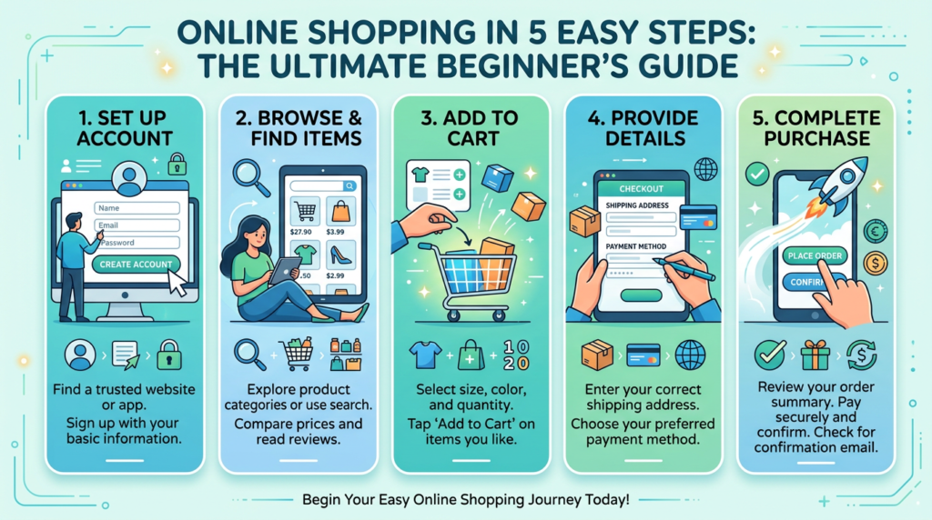 Infographic titled Online Shopping in 5 Easy Steps: The Ultimate Beginner’s Guide