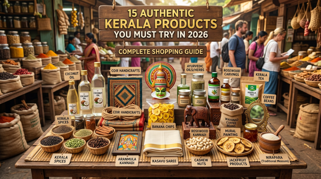 Graphic titled “15 Authentic Kerala Products You Must Try in 2026,” featuring labeled coconut oil, coir handicrafts, Ayurvedic oils and herbs, rosewood carvings, Kerala tea, coffee beans, spices, banana chips, mural painting, traditional mirrors, kasavu saree, cashews, jackfruit products, and a traditional measure.