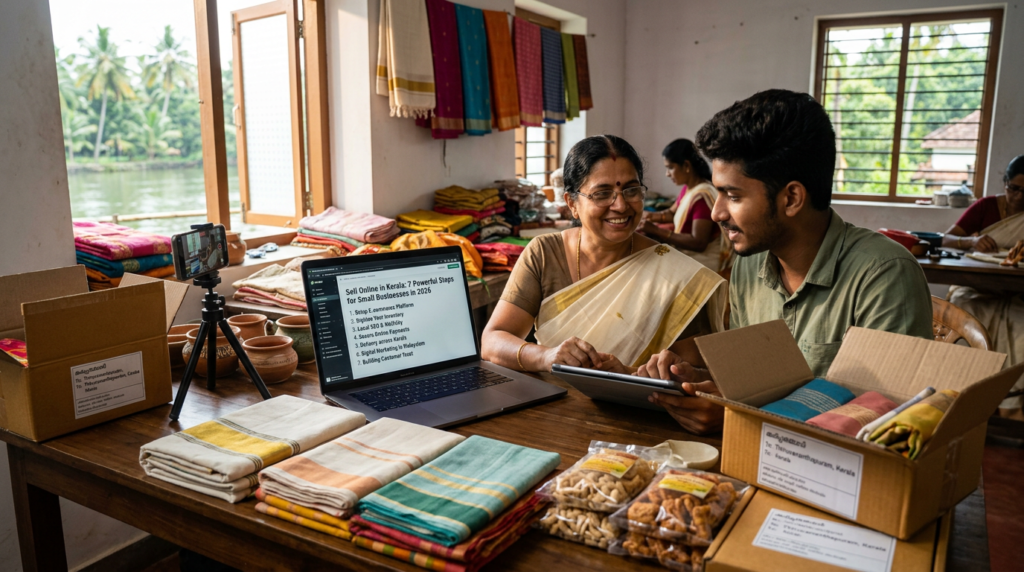 Kerala textile sellers reviewing an online sales guide beside folded fabrics