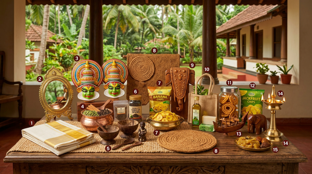 Kerala Gift Ideas Numbered display of Indian crafts, textiles, snacks, spices, and traditional decor
