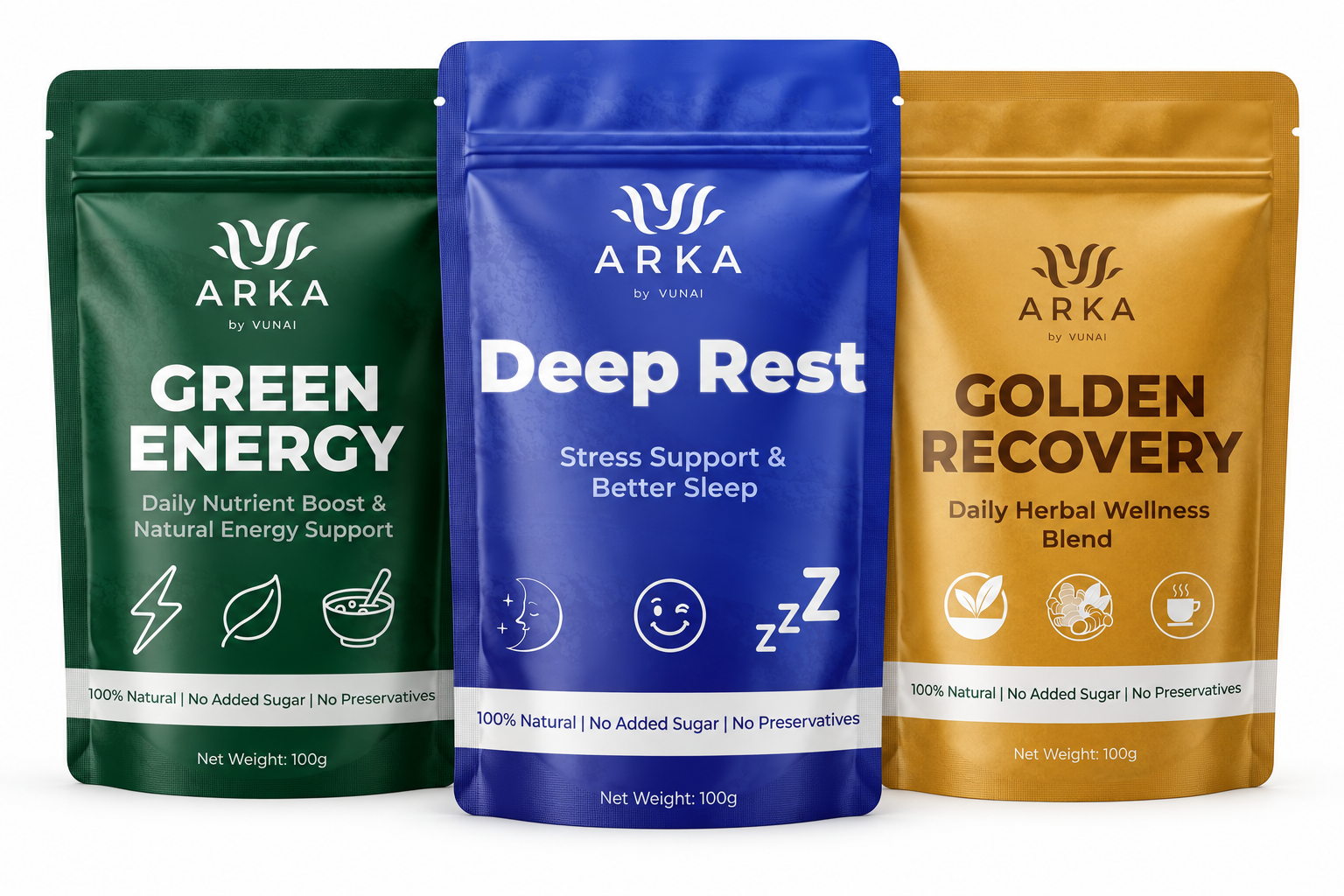 ARKA by VUNAI Rest & Recovery Trio | Green Energy + Deep Rest + Golden Recovery