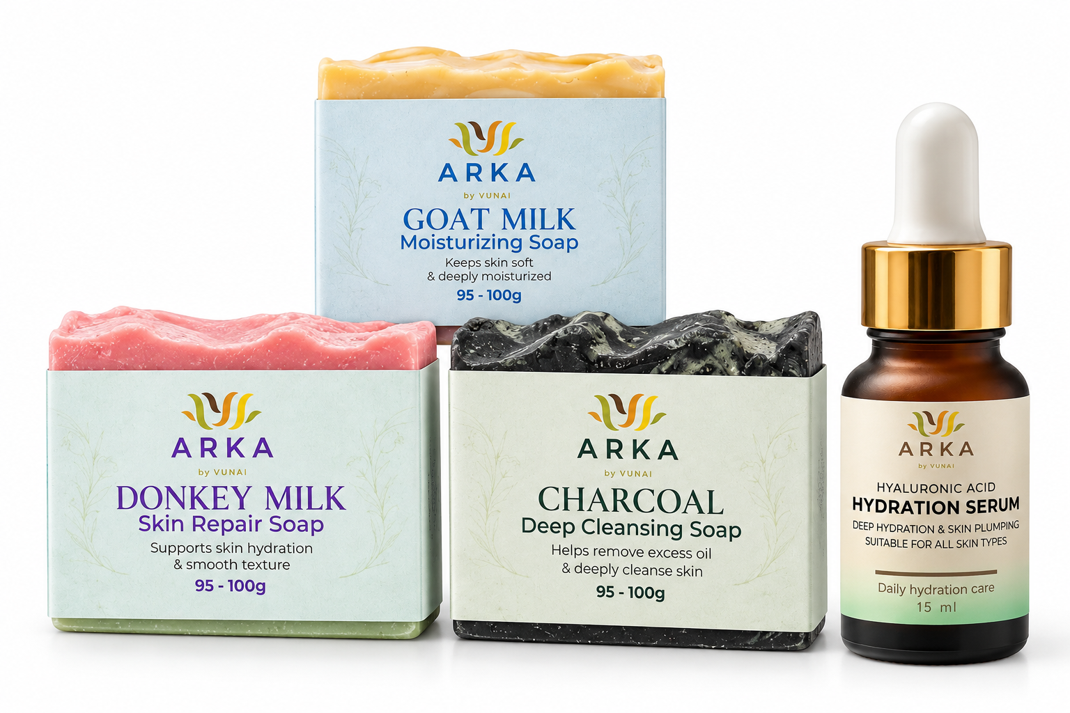 ARKA by VUNAI Skincare Essentials Combo | 3 Handmade Soaps + Hyaluronic Acid Serum